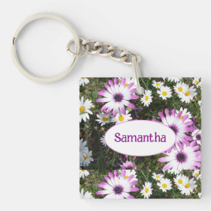 Porte-clefs Purple and White Daisy Floral Nom personnalisable