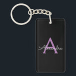 Porte-clefs Purple Black Script Girl Nom du monogramme<br><div class="desc">Noir et violet Simple Script Monogramme Nom Porte - clé. Cela rend le cadeau parfait pour 16 ans,  mariage,  douche nuptiale,  anniversaire,  baby shower ou bachelorette pour quelqu'un qui aime le luxe glam et les styles chic.</div>