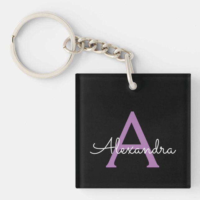 Porte-clefs Purple Black Script Girl Nom du monogramme (Devant)
