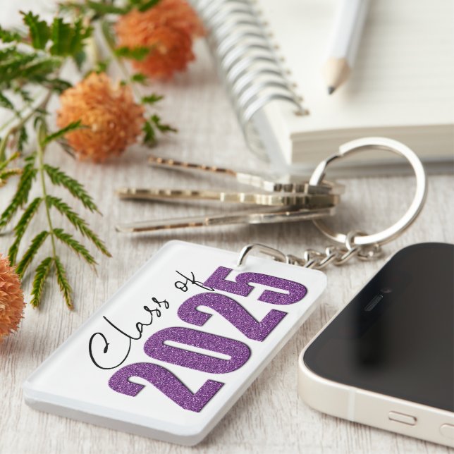 Porte-clefs Purple Glitter Classe de 2025 (Devant droit)