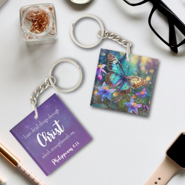 Porte-clefs Purple Sparkle Philippians 4:13 Verse Papillon (Créateur téléchargé)