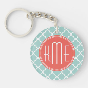 Porte-clefs Quatrefoil à la menthe et au corail avec monogramm
