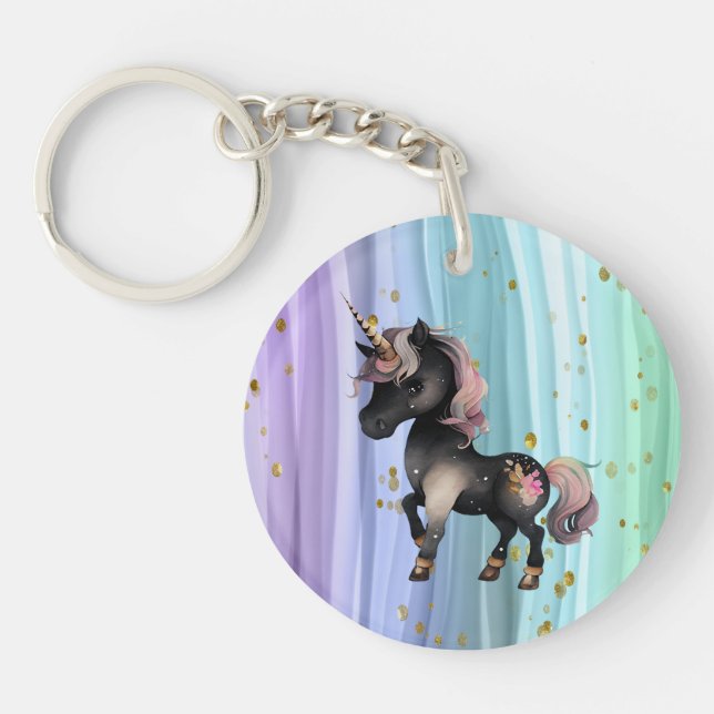 Porte-clefs Queue noire Unicorne violette rose (Devant)