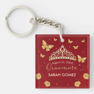Porte-clefs Quinceanera d'or Rose rouge