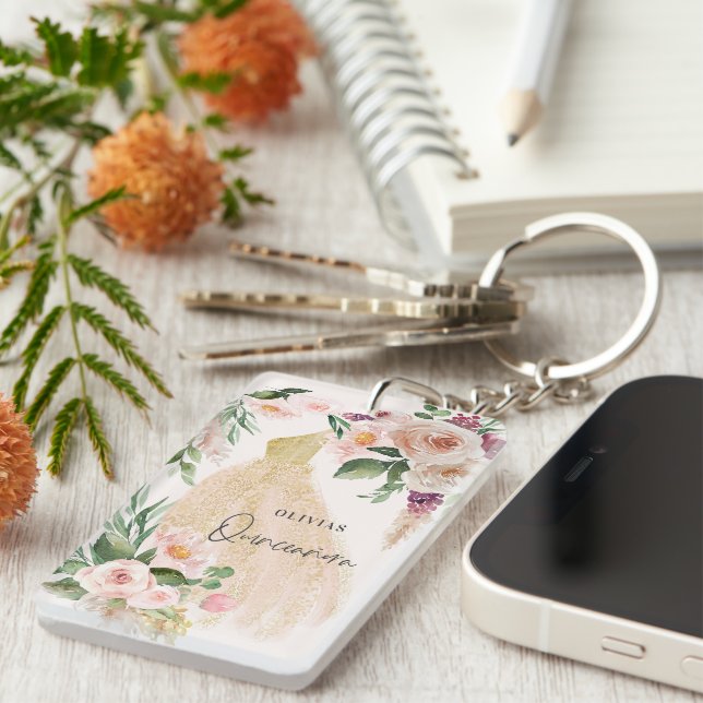 Porte-clefs Quinceañera Robe rose girly robe florale anniversa (Devant droit)