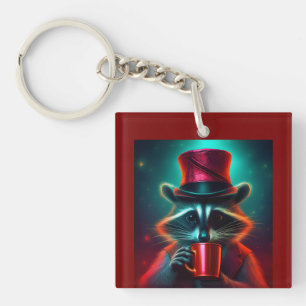 Porte-clefs Raccoon Vêtu D'Une Tenue Rouge Boire Du Café