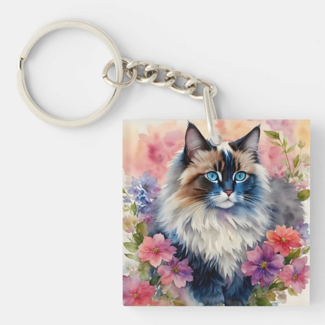 Porte-clefs Ragdoll Chat Floral Art (Devant)