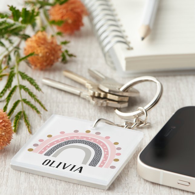 Porte-clefs Rainbows Nom Pink Boho Motif (Devant Droit)