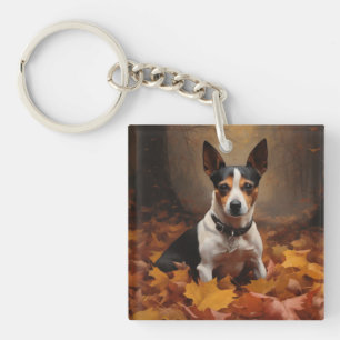 Porte-clefs Rat Terrier dans les feuilles d'automne qui tomben