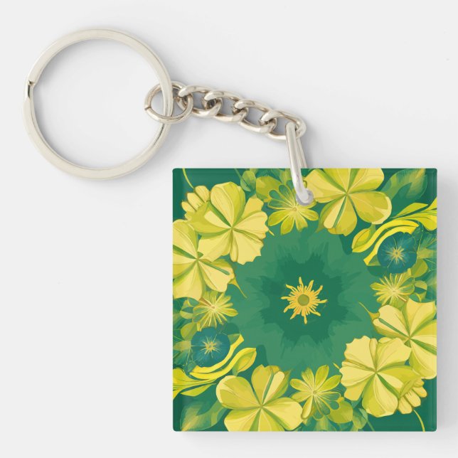 Porte-clefs Rayonnement floral : Motif botanique jaune et vert (Devant)