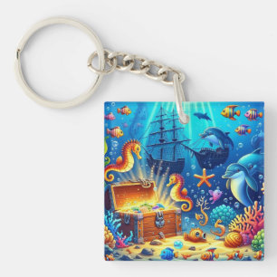 Porte-clefs Récif de corail sous-marin, Vie marine et coffre a