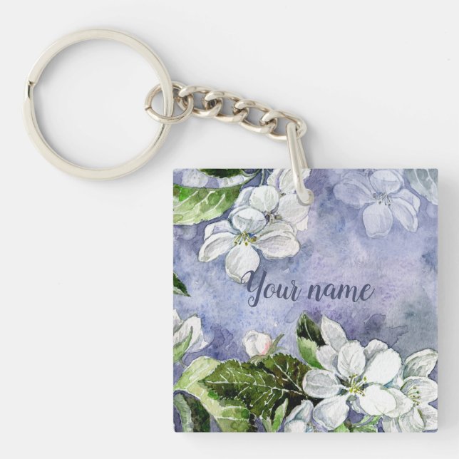 Porte-clefs Rectangle de fleur de pommier (recto-verso) (Devant)
