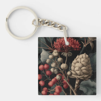 Porte-clefs Red Berries and Exotic Seed Pods on Black