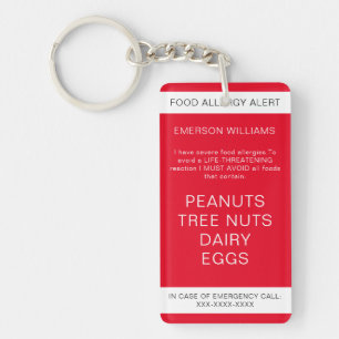 Porte-clefs Red Food Allergy Alerte Médicale Contact d'urgence