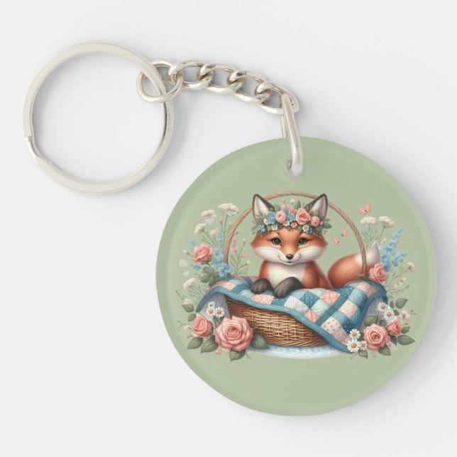 Porte-clefs Renard floral en panier avec courtepointe et fleur (Devant)