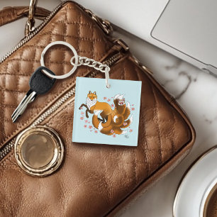 Porte-clefs Renard Kitsune Fantaisiste Fleurs de Cerisier Bleu