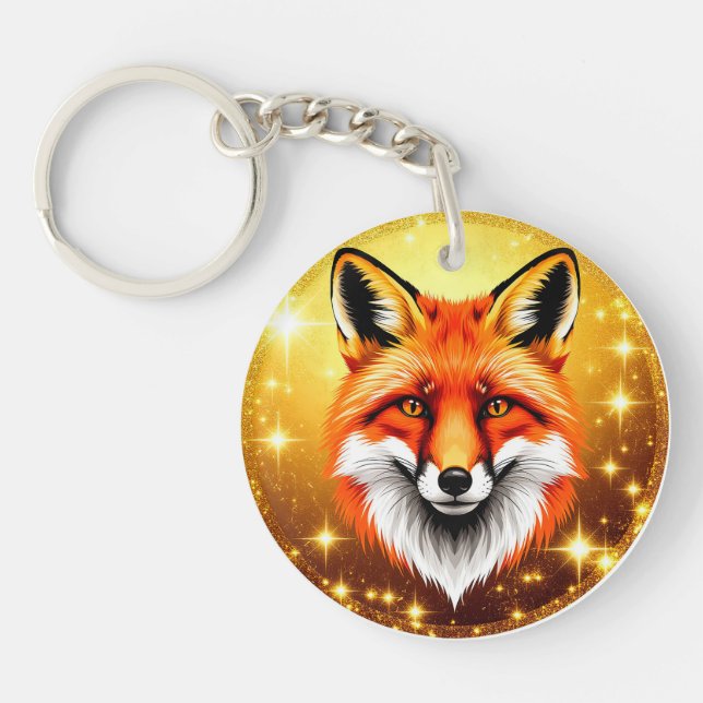 Porte-clefs Renard roux avec fond doré scintillant (Devant)