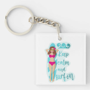 Porte-clefs Restez calme et surf sur la brunette fille Carte