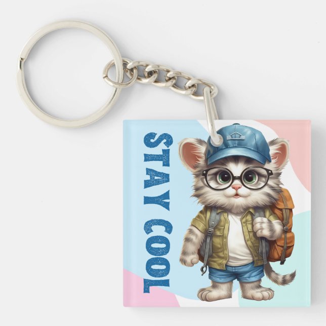 Porte-clefs Restez Cool Chat Portant Des Lunettes Casquette Re (Devant)