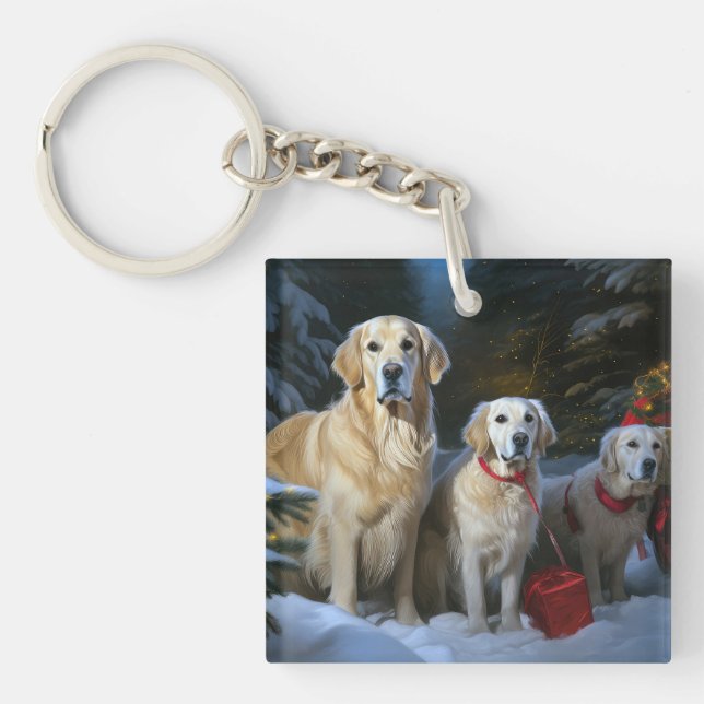 Porte-clefs Retriever doré Traîneau enneigé Décoration de Noël (Devant)