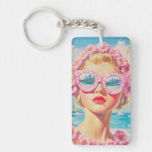 Porte-clefs Retro Beach Girl avec lunettes de soleil florales