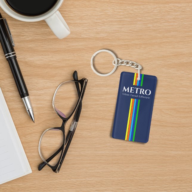 Porte-clefs Retro Blue Modern Stripes Business Logo (Créateur téléchargé)