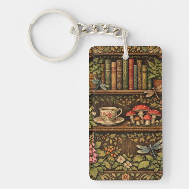 Porte-clefs Retro book shelf mushrooms coffee floral  (Devant)