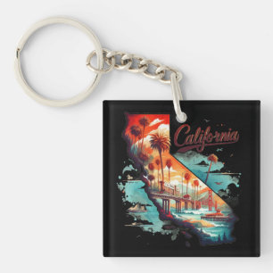 Porte-clefs Retro California USA Carte Voyage Souvenir
