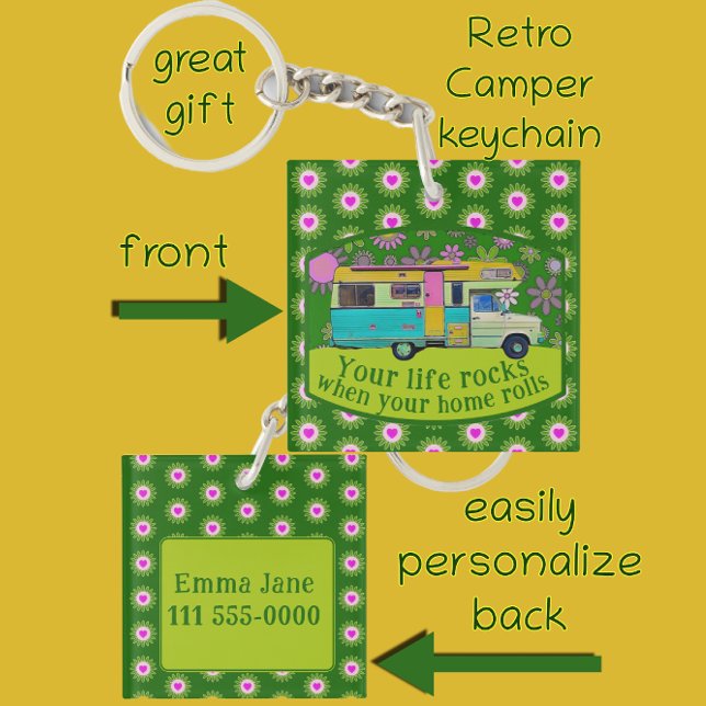 Porte-clefs Retro Camper Van Vie Rocks Amusants Fleurs Modes (Retro camper van keychain.
What a great gift!)