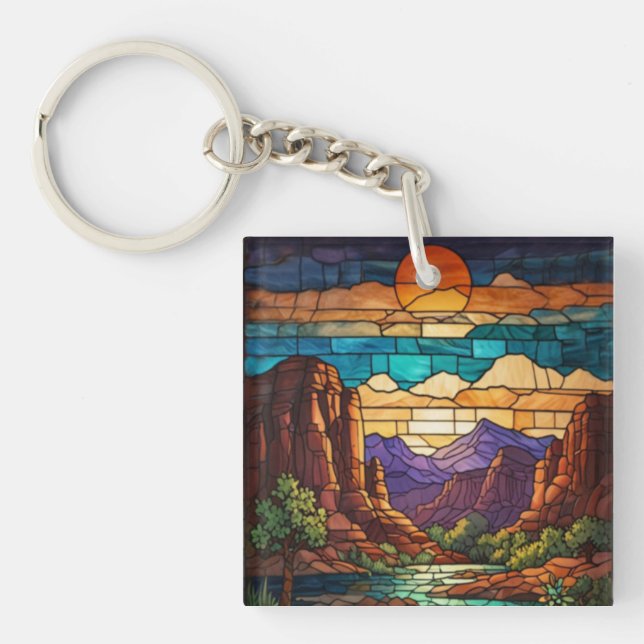 Porte-clefs Retro desert scene Sedona mountains stainglass art (Devant)
