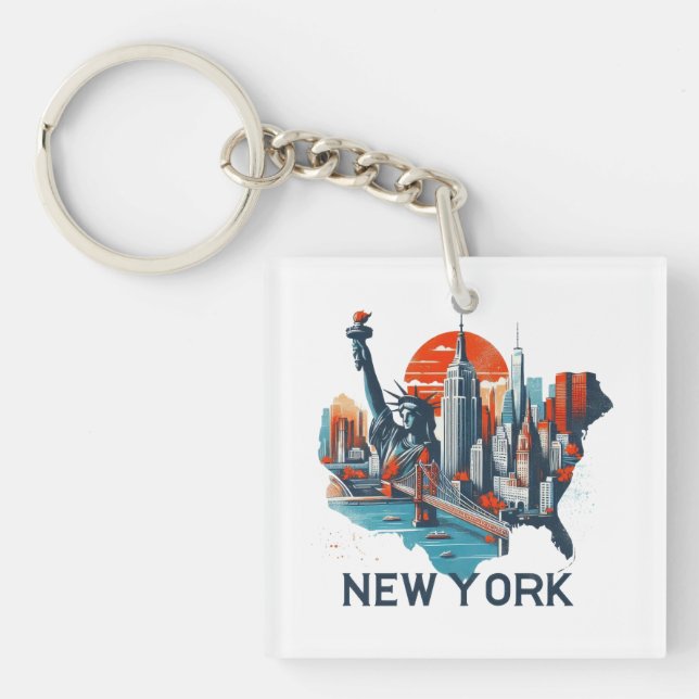 Porte-clefs Retro New York Skyline Silhouette (Devant)