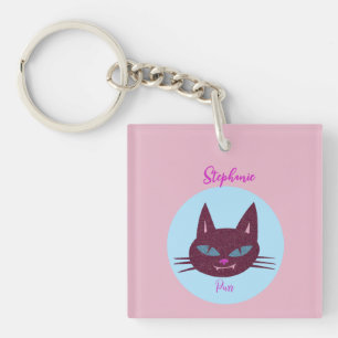 Porte-clefs Rétro rose et bleu Purring Kitty