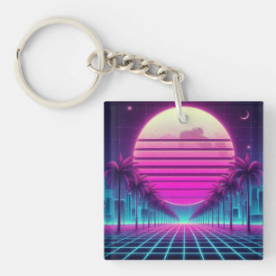 Porte-clefs rétro, soleil/palmiers néon des années 80