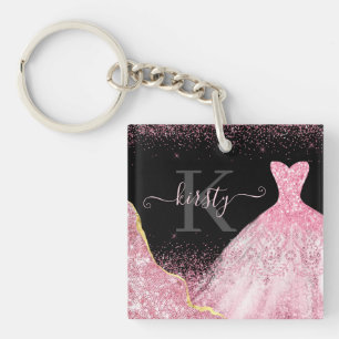 Porte-clefs Robe Pailletée Aquarelle Rose Clair Monogramme
