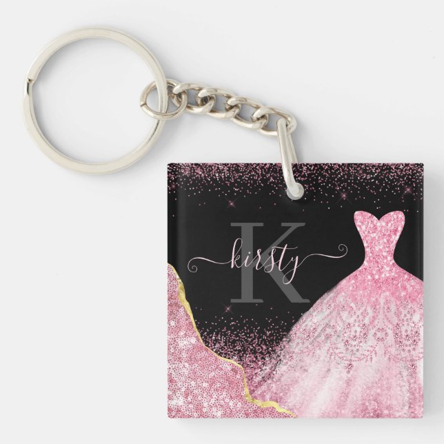Porte-clefs Robe Pailletée Aquarelle Rose Clair Monogramme (Devant)