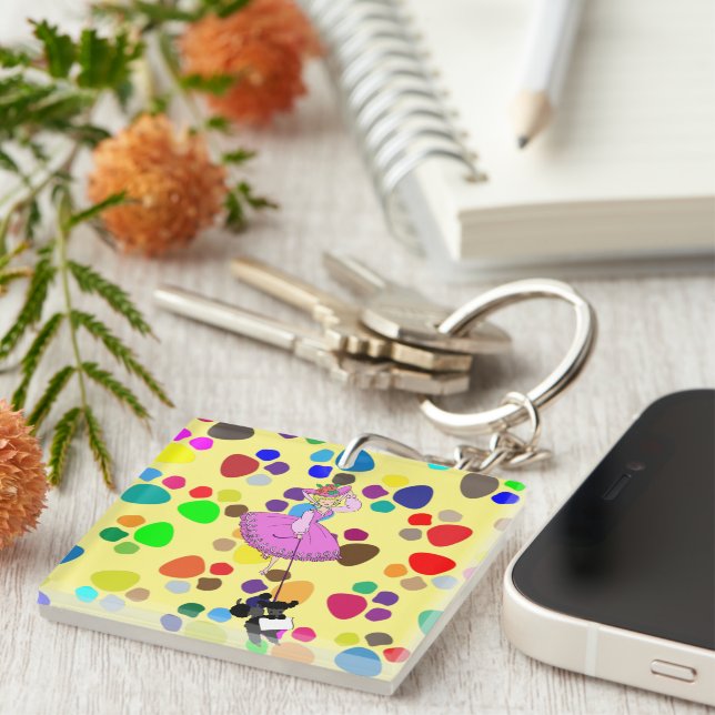 Porte-clefs Robe rose mignonne Poodle noir dessin original (Devant Droit)