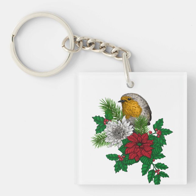 Porte-clefs Robin rouge sur décoration de Noël (Devant)