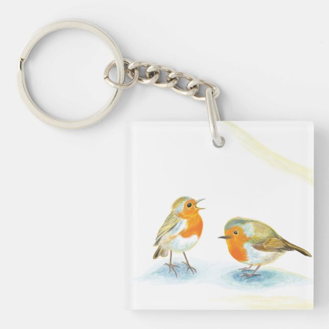 Porte-clefs Robins rouges en hiver (Devant)