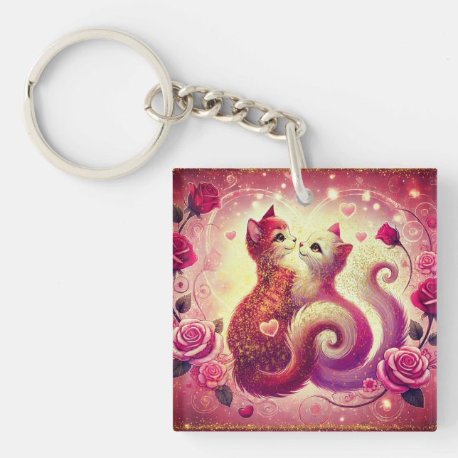 Porte-clefs Roi anneau - chats chatte rose (Devant)