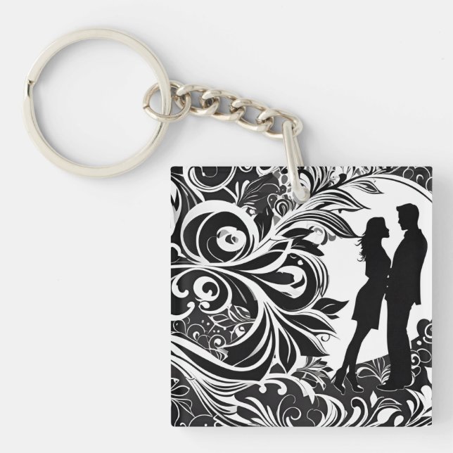 Porte-clefs Romantique Noir & Blanc Floral Silhouette Couple (Devant)