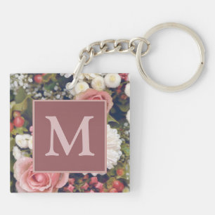 Porte-clefs Romantique Roses Rose Bouquet de fleurs Monogramme