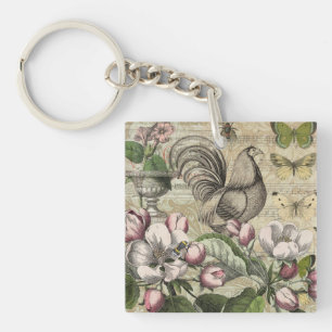 Porte-clefs Rooster Garden Flower Papillon Art