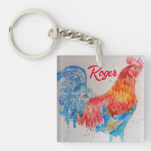 Porte-clefs Rooster rouge aquarelle peinture art poulet