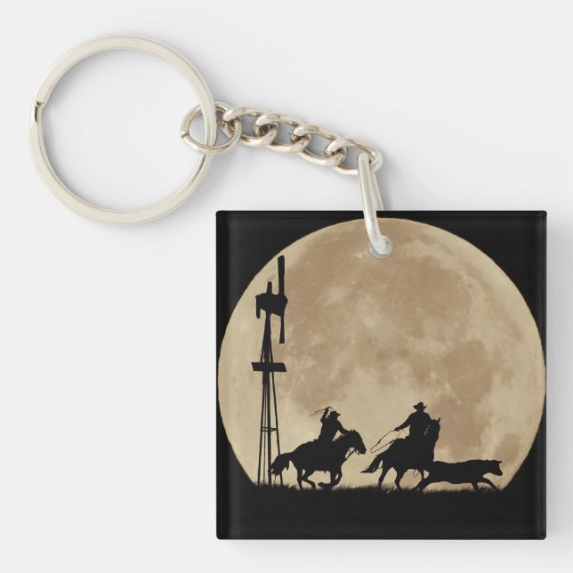 Porte-clefs Roping Cowboys avec Steer et Windmill et Moon (Devant)