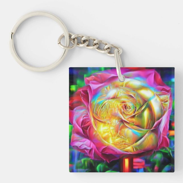 Porte-clefs Rose arc-en-ciel psychédélique (Devant)