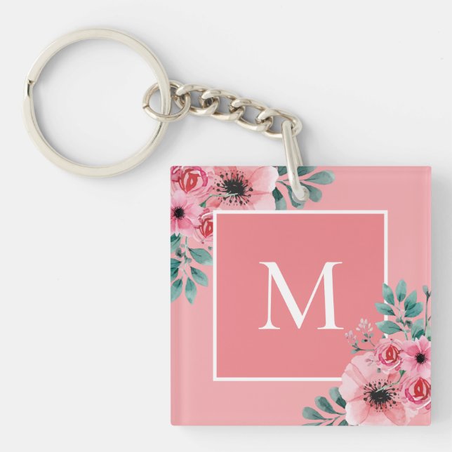 Porte-clefs Rose | Bague à clé du monogramme photo florale (Devant)