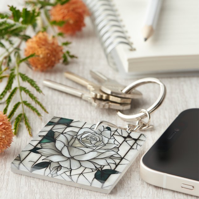 Porte-clefs Rose blanche en verre (Devant Droit)