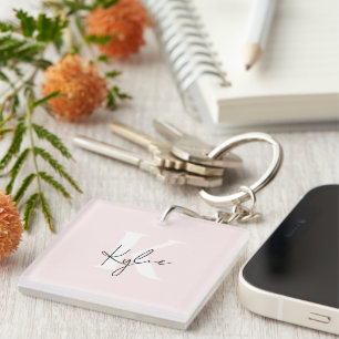 Porte-clefs Rose Blush moderne Nom du monogramme personnalisé 