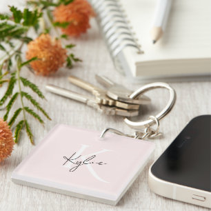 Porte-clefs Rose Blush moderne Nom du monogramme personnalisé 