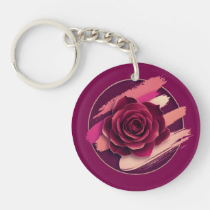 Porte-clefs Rose Bourguignonne Élégante aux Traits de Pinceau